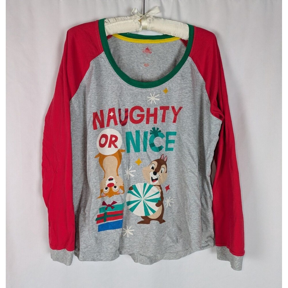 Disney Parks Holiday Chip and Dale Raglan Pajama Shirt Gray Red 2XL Christmas